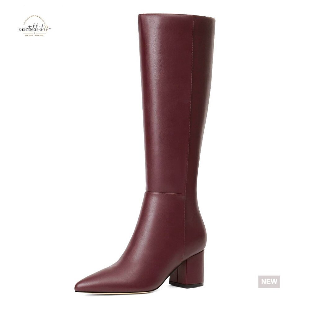 Knee High Boots Chunky Heel Pointed Toe Side Zipper Faux Leather